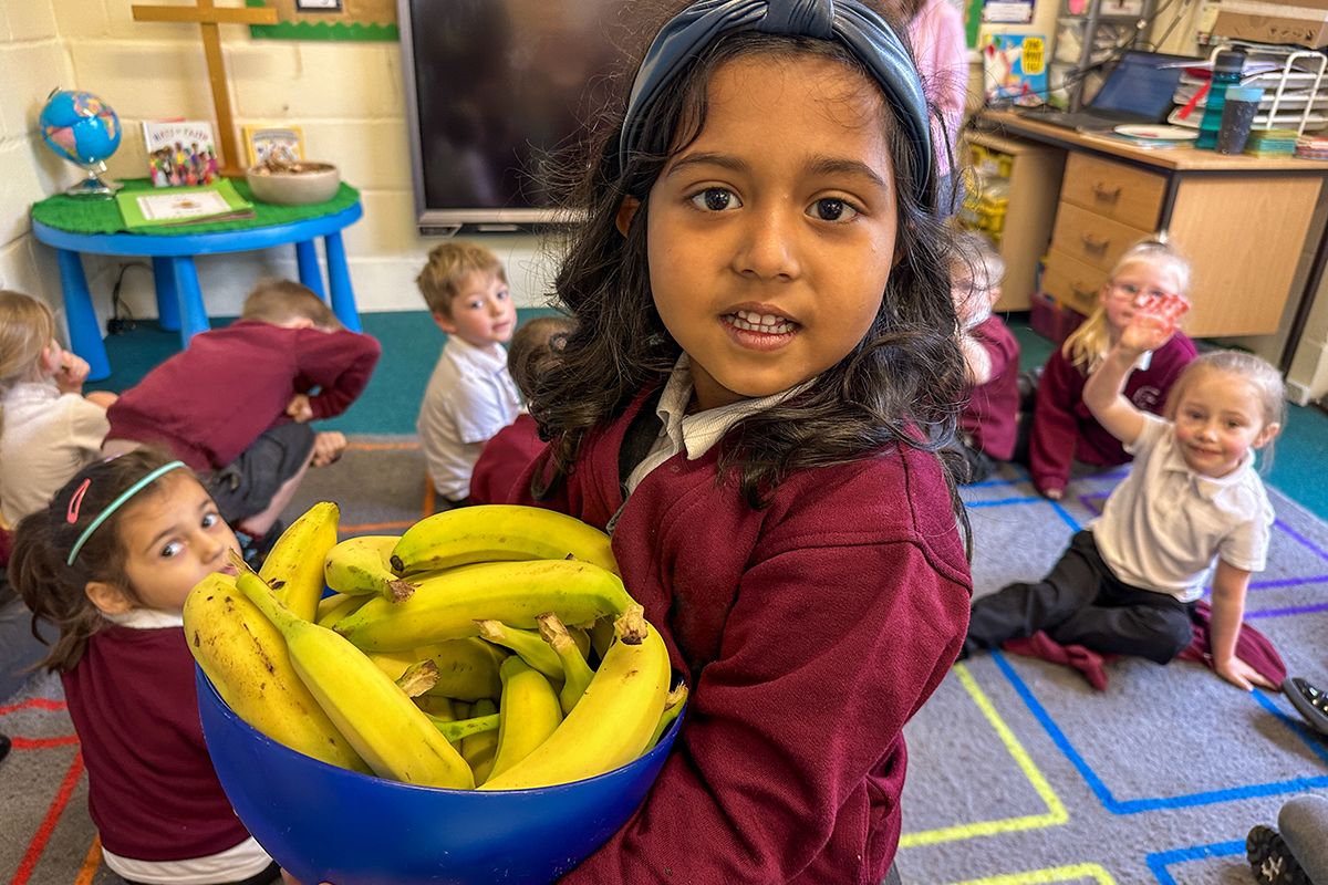 St Mary's Primary School, pupil with bananas